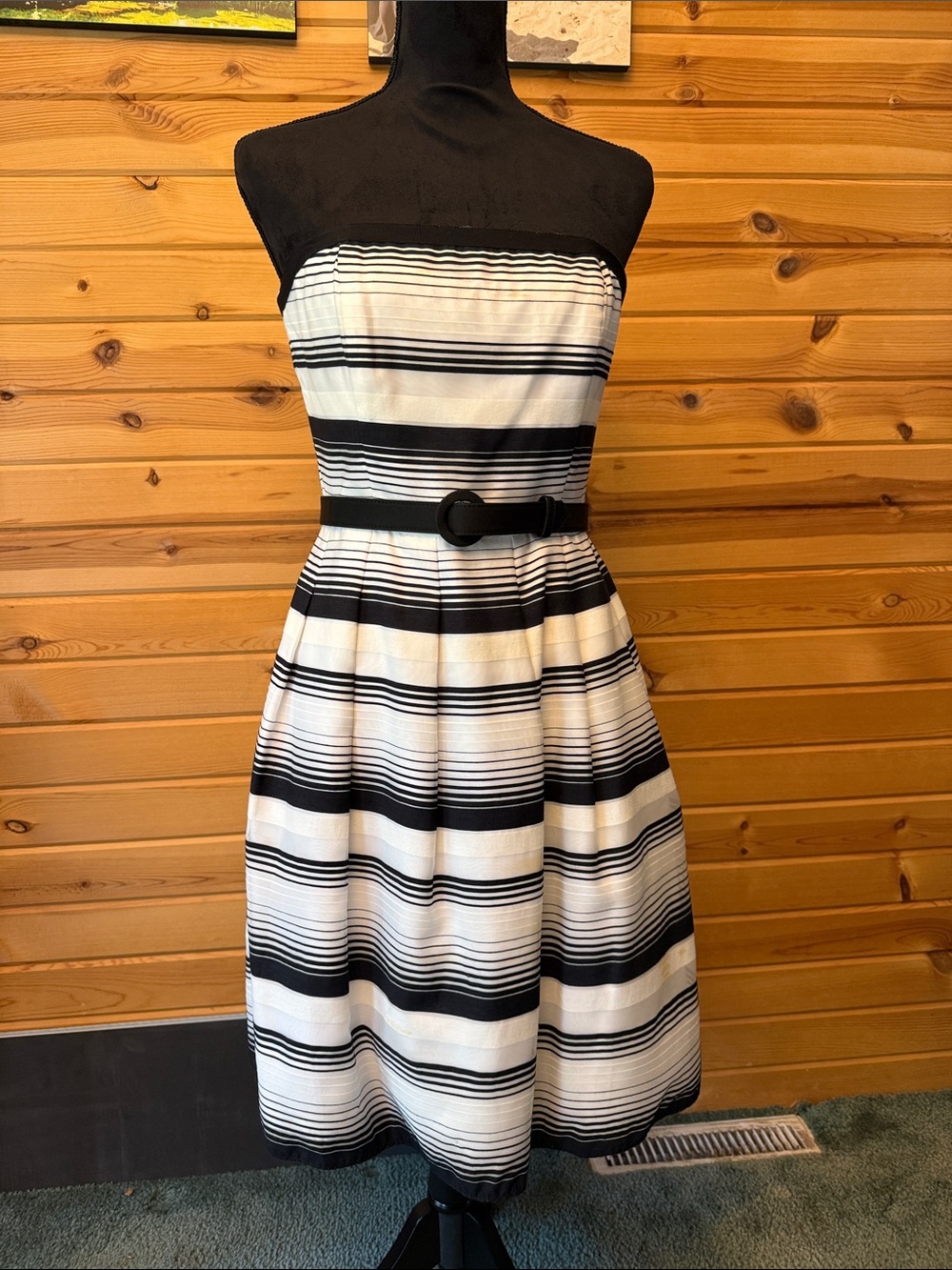 White House Black Market Black & White Strapless Striped Fit-and-Flare Dress